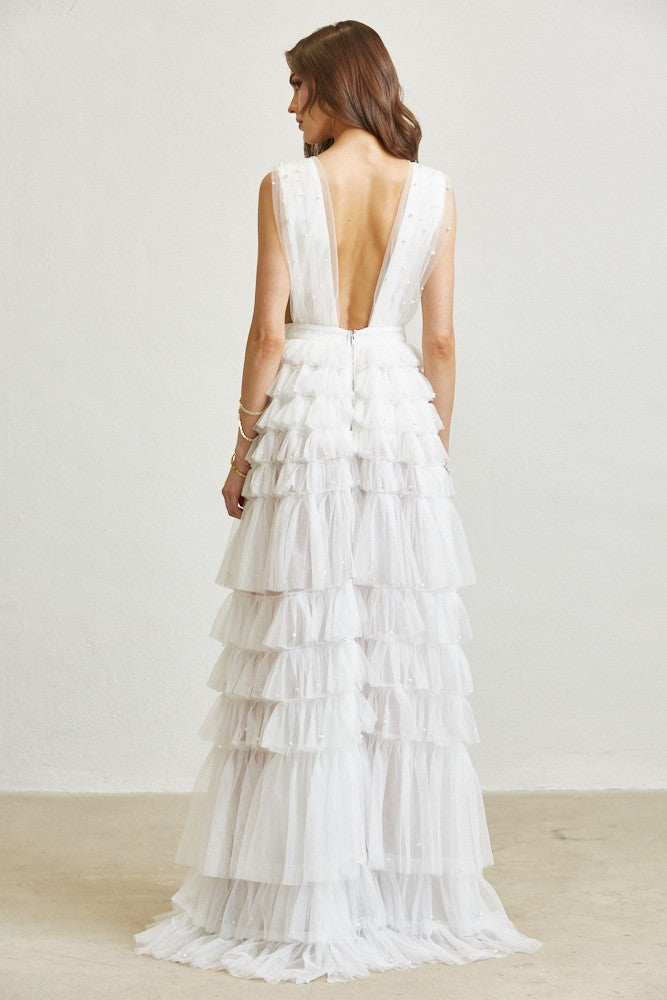 Pearl Embellished Tiered Tulle Dress