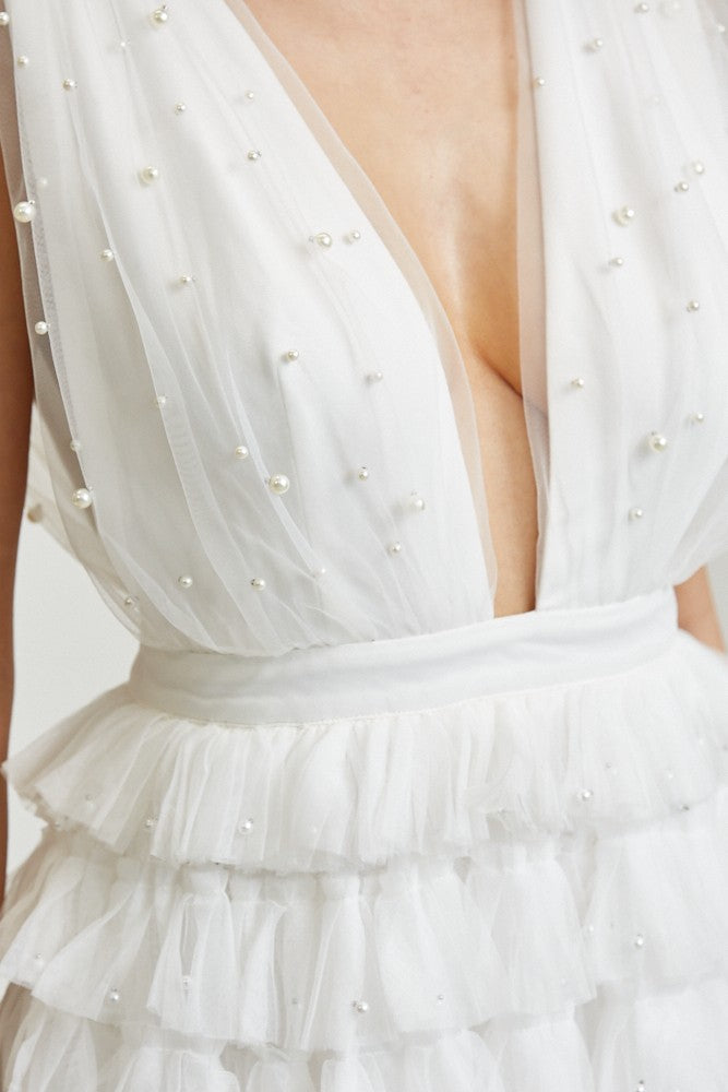 Pearl Embellished Tiered Tulle Dress