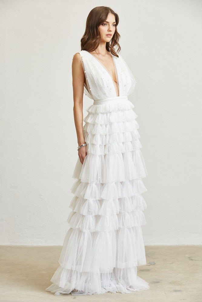 Pearl Embellished Tiered Tulle Dress