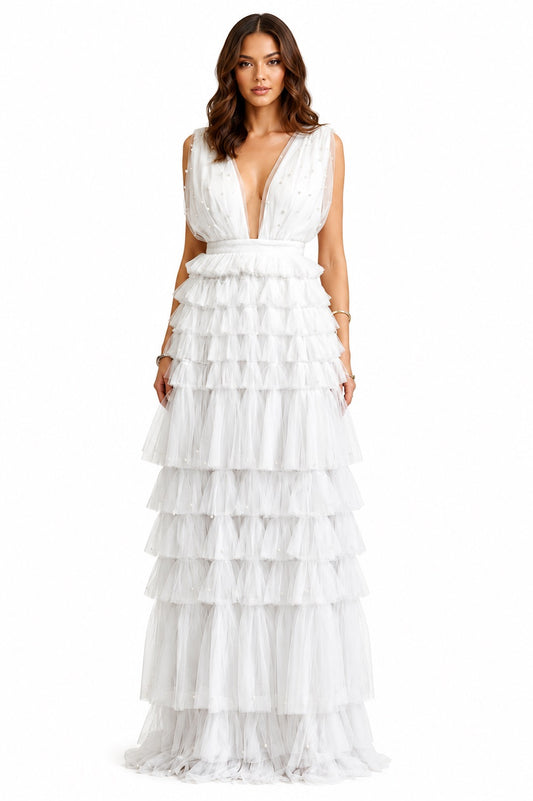 Pearl Embellished Tiered Tulle Dress